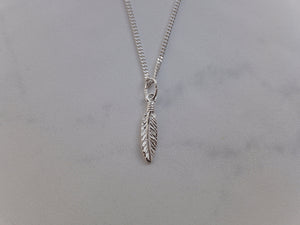 Sterling Silver Feather Charm Pendant Necklace - Diamond Cut Sterling Silver Chain - Boho Jewellery