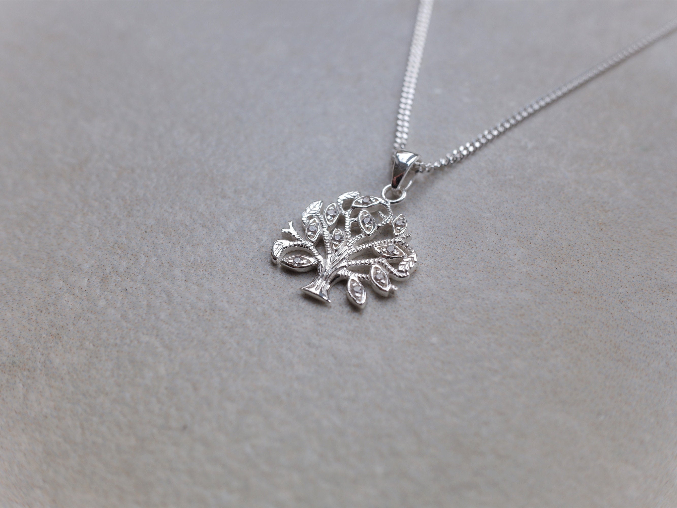 Sterling Silver Tree Of Life Jewelled Pendant Necklace - Diamond Cut Sterling Silver Chain - Boho Jewellery