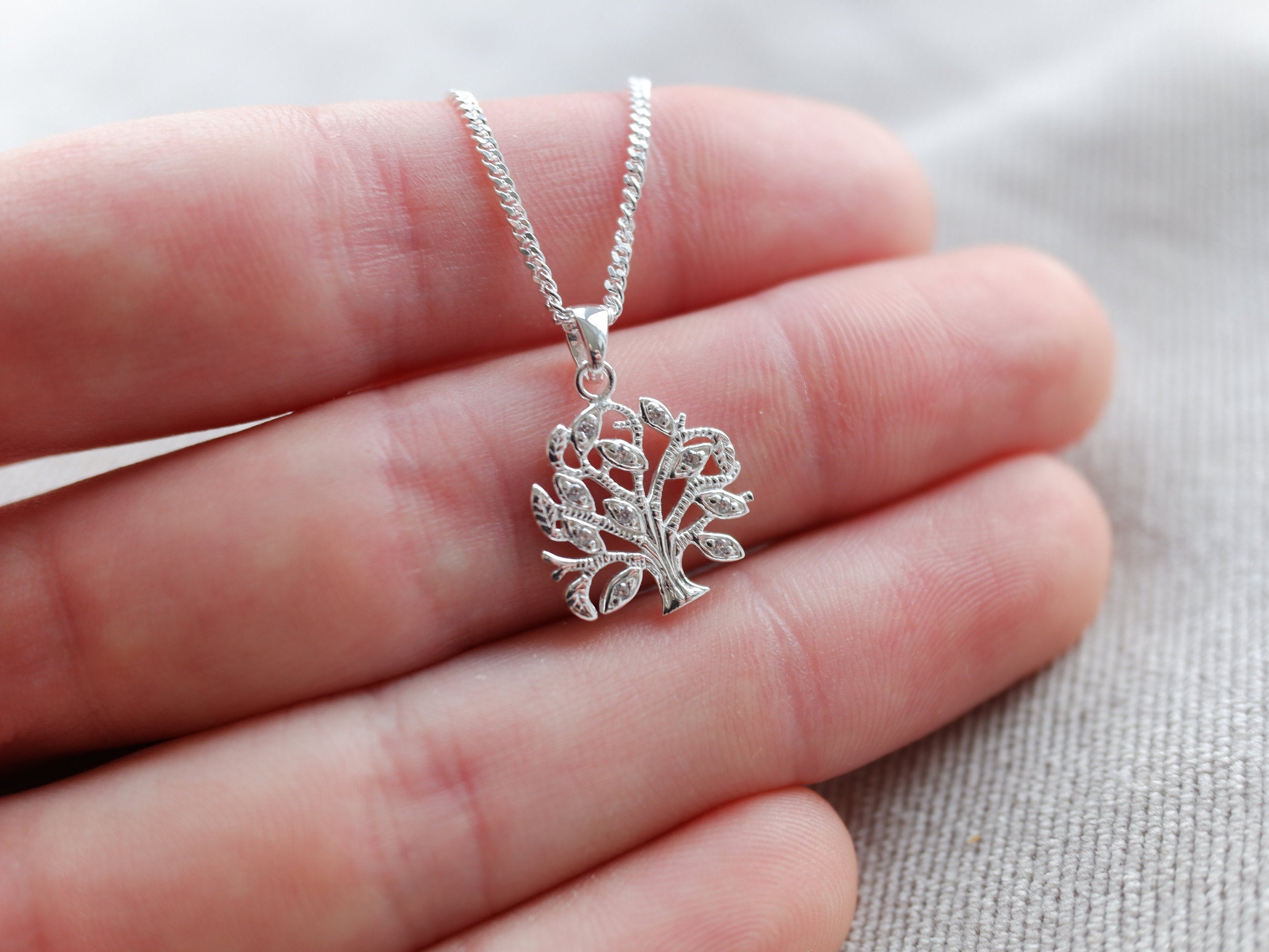 Sterling Silver Tree Of Life Jewelled Pendant Necklace - Diamond Cut Sterling Silver Chain - Boho Jewellery