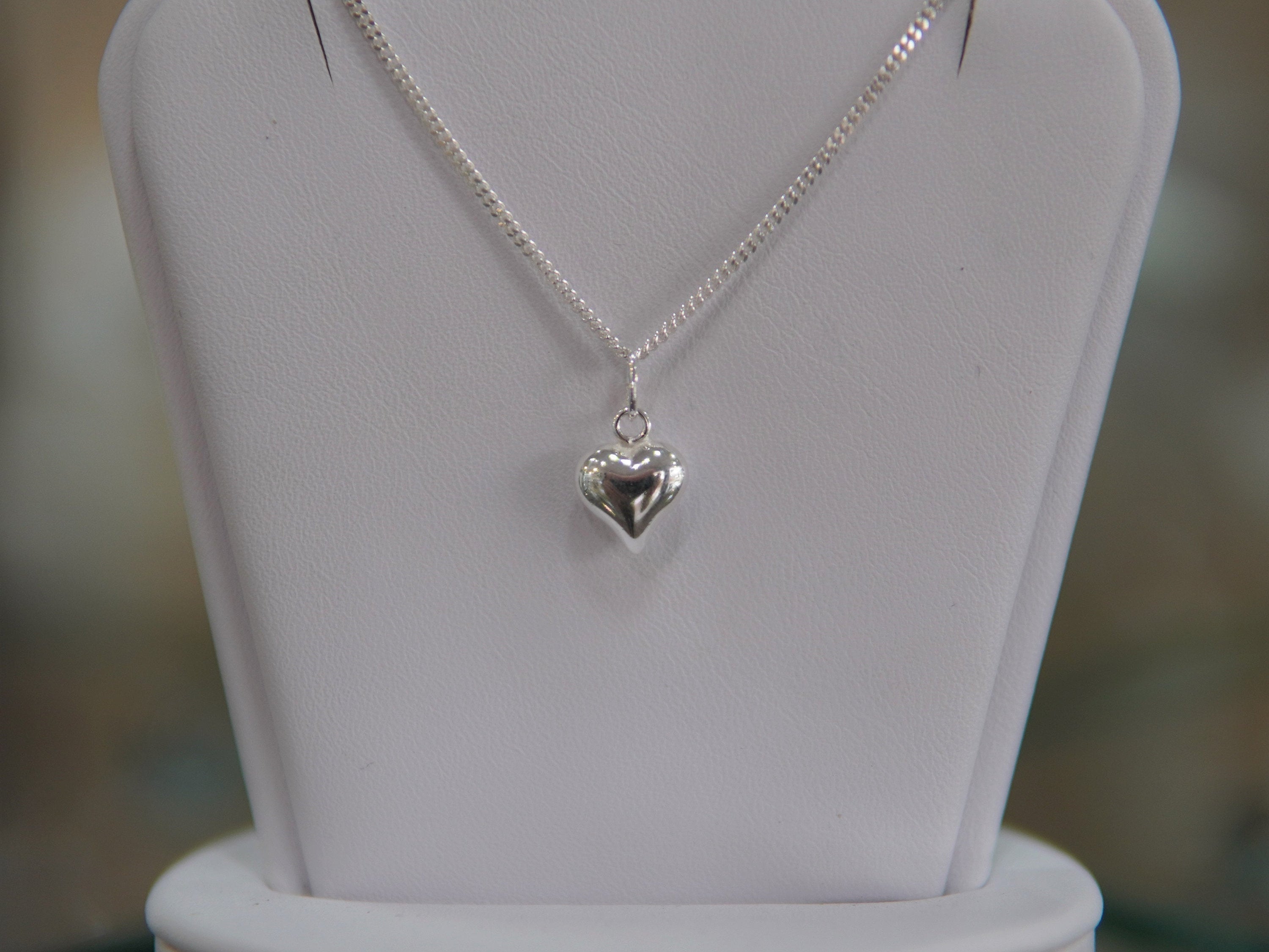 Sterling Silver Puffed Heart Charm Pendant Necklace - Diamond Cut Sterling Silver Chain - Valentines Jewellery