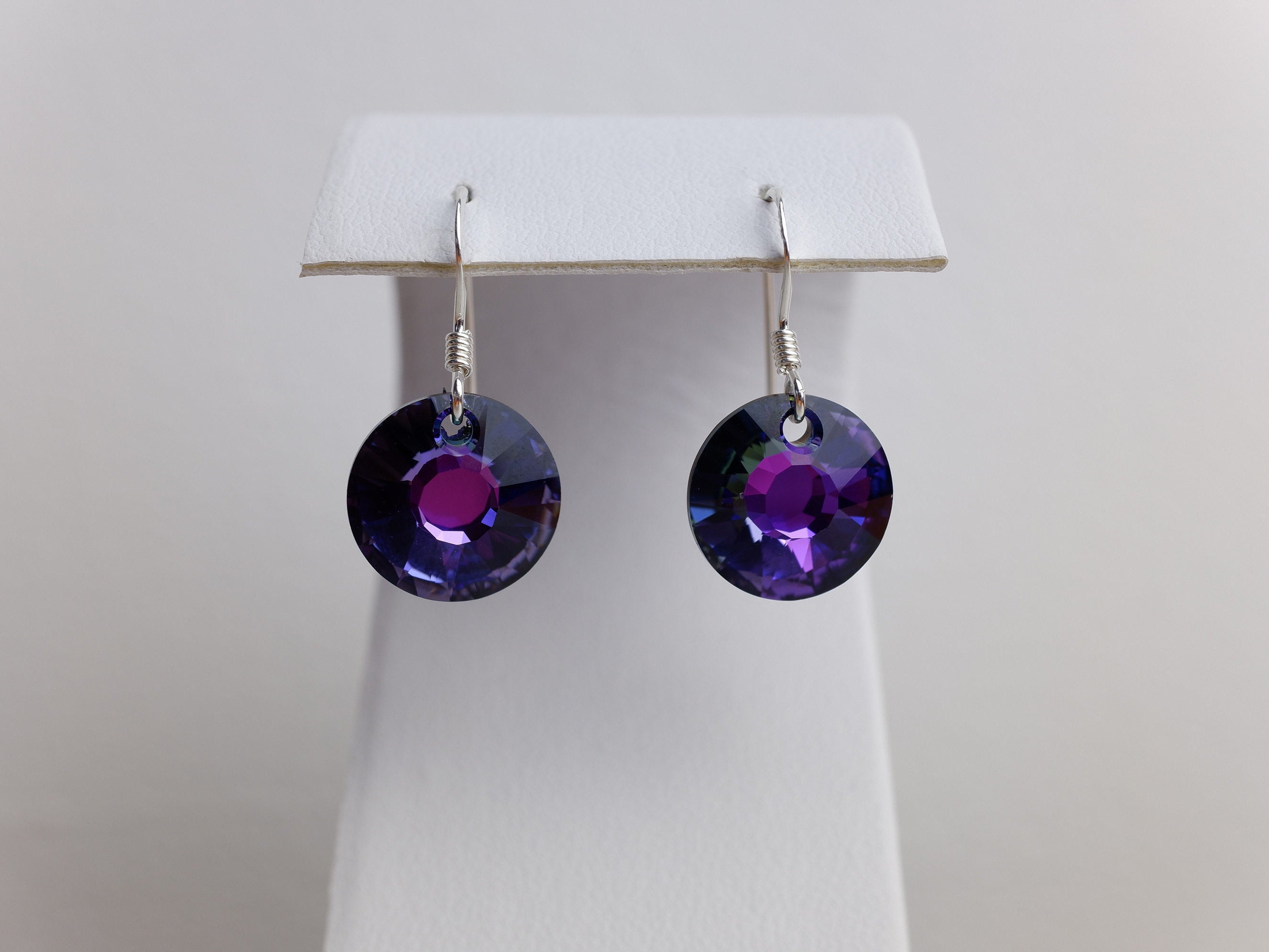 Swarovski Crystal Round Drop Earrings - Heliotrope - Sterling Silver - Wedding Jewellery