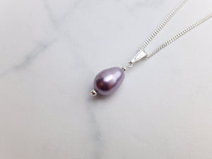 Swarovski Pear Shaped Pearl Pendant - Mauve - Diamond Cut Sterling Silver Chain - Wedding Jewellery