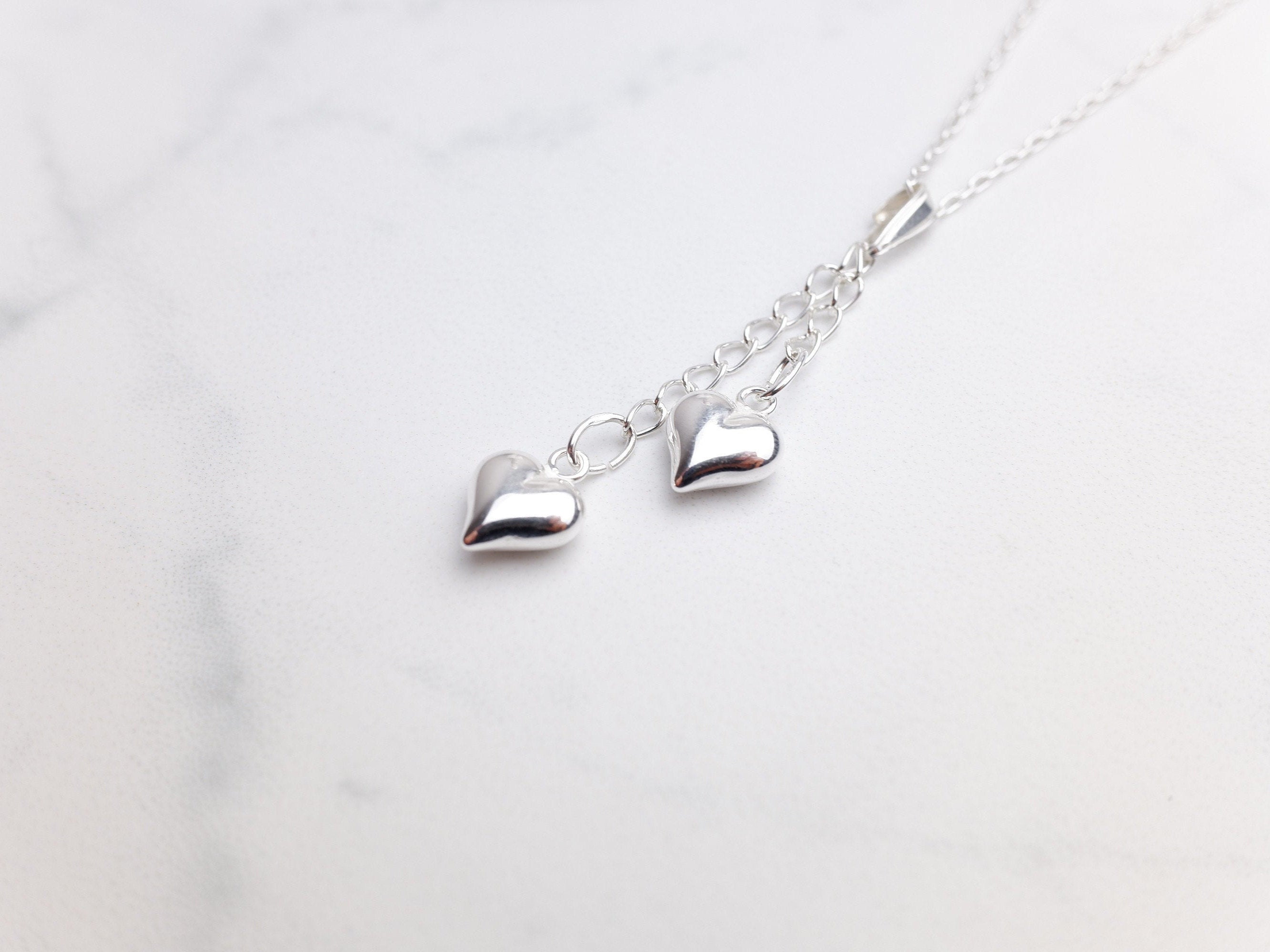 Sterling Silver Double Puffed Heart Charm Pendant Necklace - Sterling Silver Cable Chain - Minimalist Jewellery