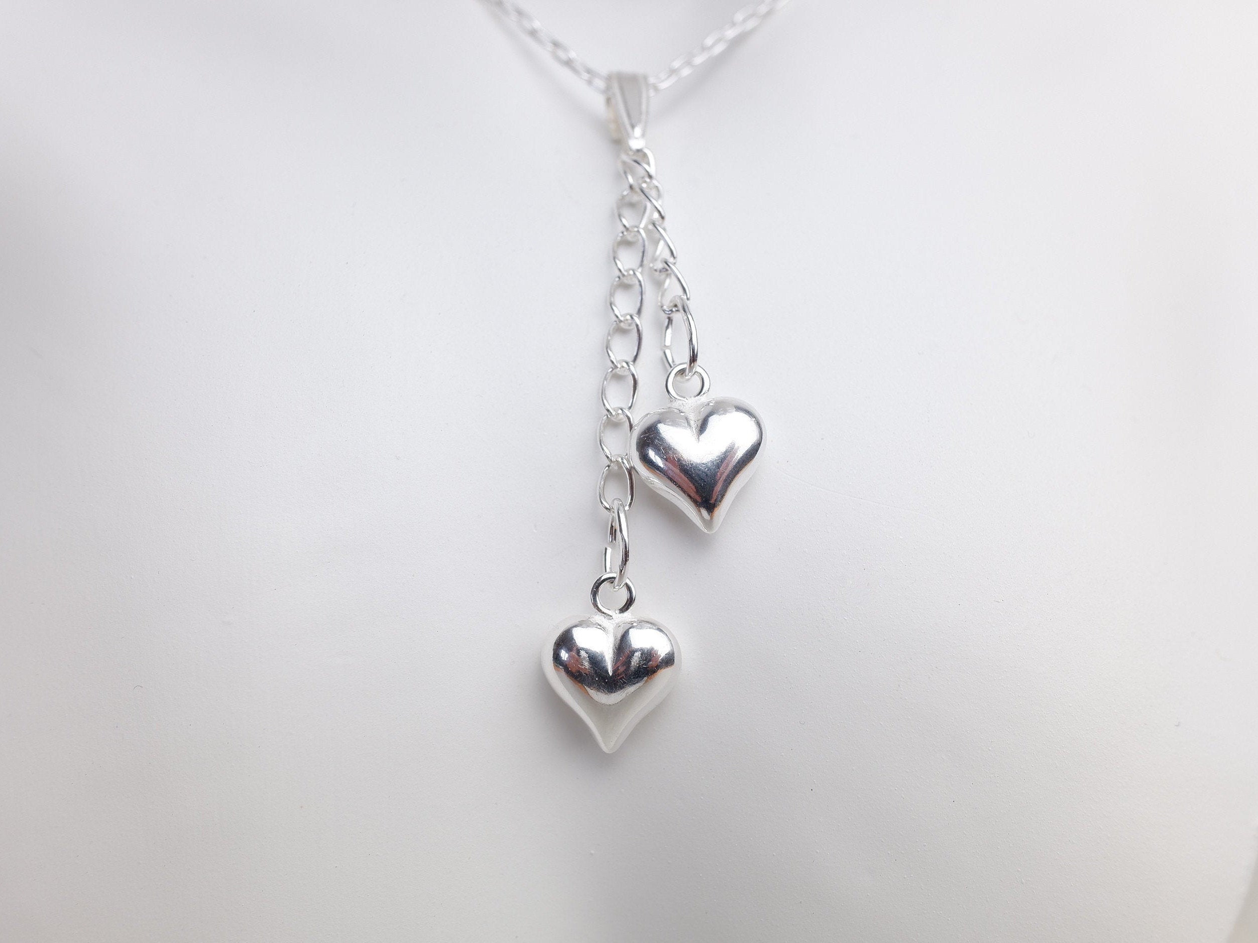 Sterling Silver Double Puffed Heart Charm Pendant Necklace - Sterling Silver Cable Chain - Minimalist Jewellery