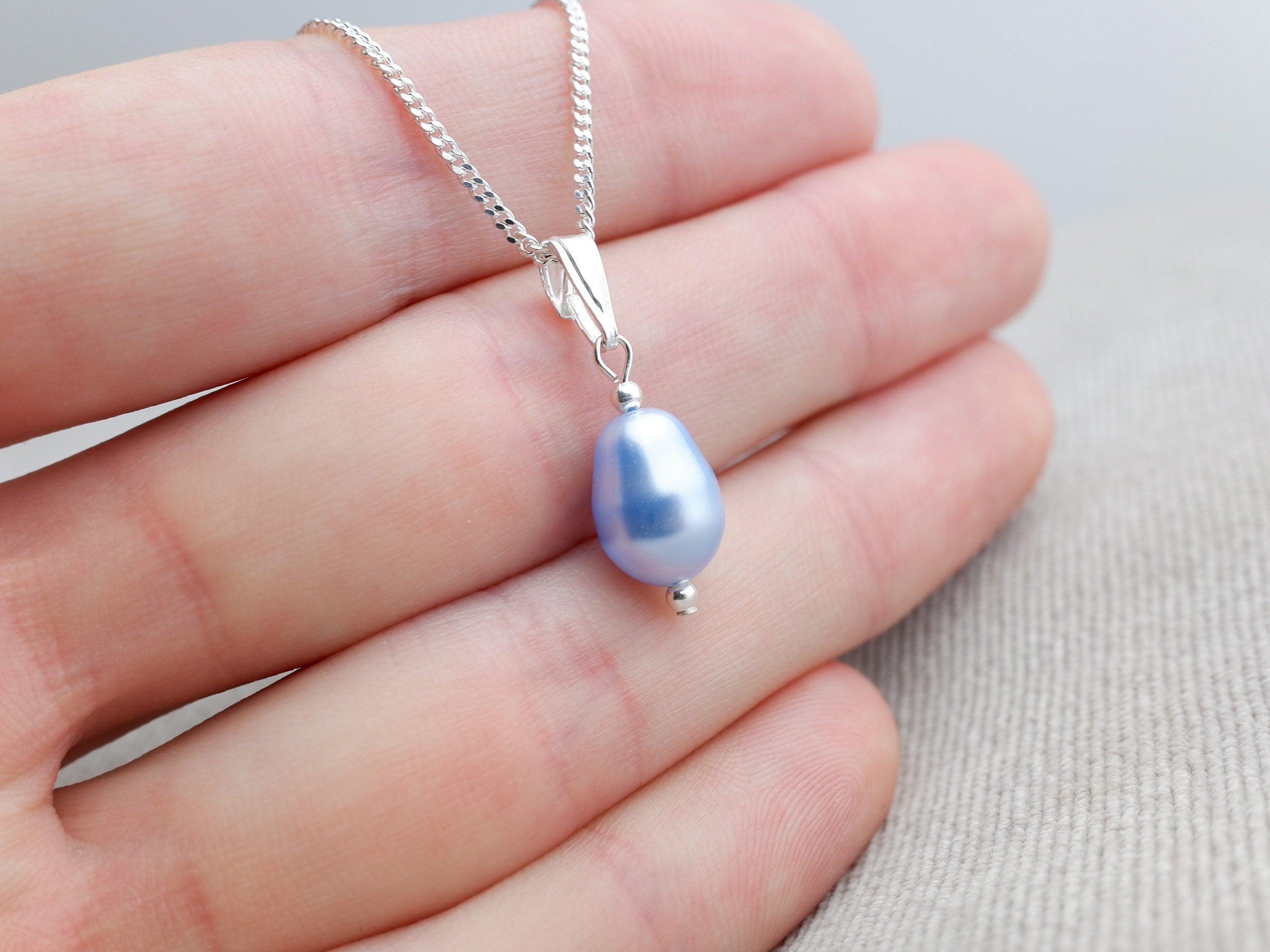 Swarovski Pear Shaped Pearl Pendant - Light Blue  - Diamond Cut Sterling Silver Chain - Wedding Jewellery