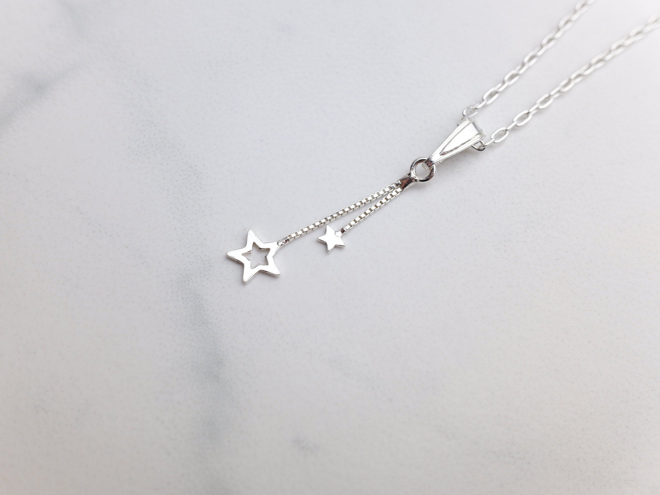 Sterling Silver Double Star Charm Pendant Necklace - Sterling Silver Cable Chain - Christmas Jewellery